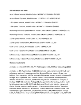 Jetta 5-Speed Manual, Models Codes: 1K25R1/1K25Z1 MSRP $17,130