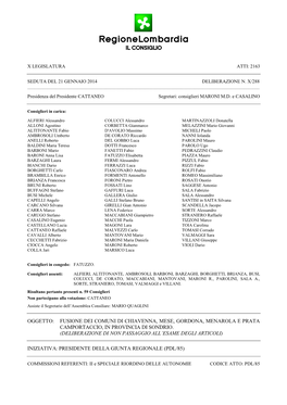 Oggetto: Fusione Dei Comuni Di Chiavenna, Mese, Gordona, Menarola E Prata Camportaccio, in Provincia Di Sondrio