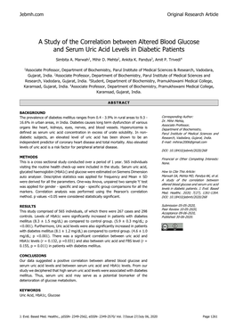 A Study of the Correlation Between Altered Blood Glucose and Serum Uric Acid Levels in Diabetic Patients