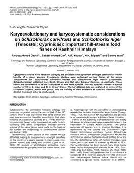 Teleostei: Cyprinidae): Important Hill-Stream Food Fishes of Kashmir Himalaya