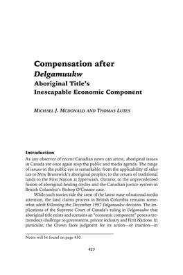 Compensation After Delgamuukw Aboriginal Title’S Inescapable Economic Component