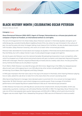 CELEBRATING OSCAR PETERSON Posted on February 16, 2021