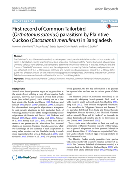 (Orthotomus Sutorius) Parasitism by Plaintive Cuckoo