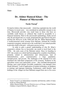 Dr. Akhter Hameed Khan – the Pioneer of Microcredit