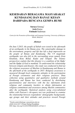 Kesedaran Beragama Masyarakat Kundasang Dan Ranau Kesan Daripada Bencana Gempa Bumi