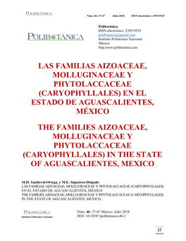 Las Familias Aizoaceae, Molluginaceae Y Phytolaccaceae (Caryophyllales) En El Estado De Aguascalientes, México