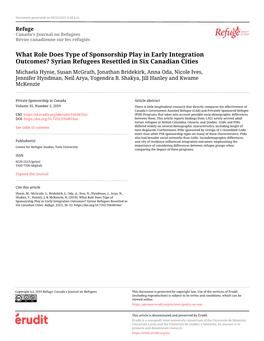 What Role Does Type of Sponsorship Play in Early Integration Outcomes? Syrian Refugees Resettled in Six Canadian Cities
