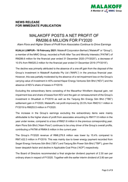 MALAKOFF POSTS a NET PROFIT of RM286.6 MILLION for FY2020 Alam Flora and Higher Share of Profit from Associates Continue to Drive Earnings