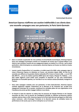 American Express Réaffirme Son Soutien Indéfectible À Ses Clients Dans Une Nouvelle Campagne Avec Son Partenaire, Le Paris Saint-Germain