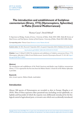 ﻿The Introduction and Establishment of Sceliphron Caementarium (Drury