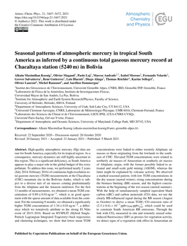 Seasonal Patterns of Atmospheric Mercury in Tropical South America As Inferred by a Continuous Total Gaseous Mercury Record at Chacaltaya Station (5240 M) in Bolivia