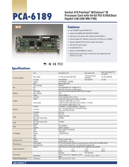 Features PCA-6189 Socket 479 Pentium® M/Celeron® M Processor