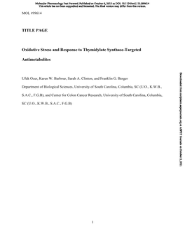 TITLE PAGE Oxidative Stress and Response to Thymidylate Synthase