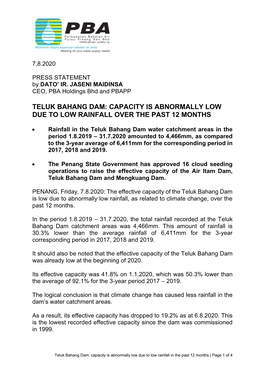 Teluk Bahang Dam: Capacity Is Abnormally Low Due to Low Rainfall Over the Past 12 Months