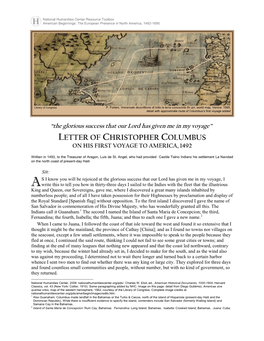 Letter of Christopher Columbus to Luis De St. Angel on His First Voyage To