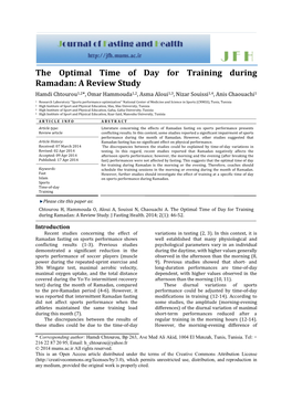 The Optimal Time of Day for Training During Ramadan: a Review Study Hamdi Chtourou1,2*, Omar Hammouda1,2, Asma Aloui1,3, Nizar Souissi1,4, Anis Chaouachi1