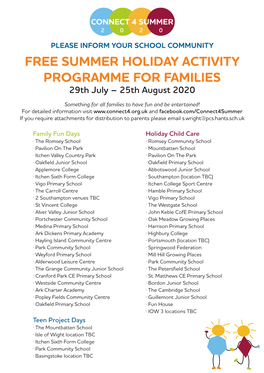 FREE SUMMER HOLIDAY ACTIVITY PROGRAMME for FAMILIES 29Th July – 25Th August 2020