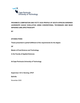 Proximate Composition and Fatty Acid Profile of South African Sardines (Sardinops Sagax Ocellatus) Using Conventional Techniques and Near Infrared (Nir) Spectroscopy