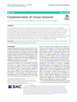 Cryopreservation of Mouse Resources Toru Takeo1* , Satohiro Nakao1, Yoshiko Nakagawa1, Jorge M