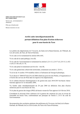 Arrêté Cadre Interdépartemental Du Portant Définition D'un Plan D'action Sécheresse Pour Le Sous-Bassin Du Tarn