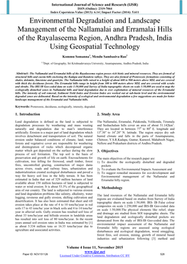 Environmental Degradation and Landscape Management of the Nallamalai and Erramalai Hills of the Rayalaseema Region, Andhra Pradesh, India Using Geospatial Technology