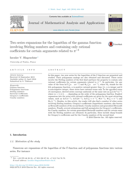 Two Series Expansions for the Logarithm of the Gamma Function Involving Stirling Numbers and Containing Only Rational −1 Coeﬃcients for Certain Arguments Related to Π