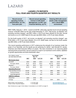 Lazard Ltd Reports Full-Year and Fourth-Quarter 2017 Results