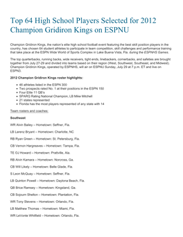 Top 64 High School Players Selected for 2012 Champion Gridiron Kings on ESPNU