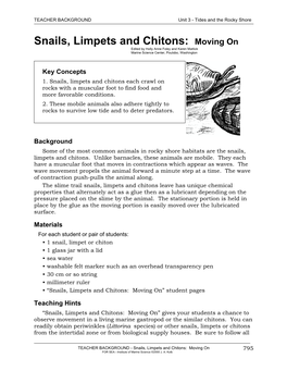 Snails, Limpets and Chitons: Moving on Edited by Holly Anne Foley and Karen Mattick Marine Science Center, Poulsbo, Washington