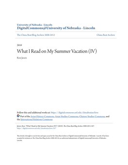 What I Read on My Summer Vacation (IV) Ron Javers