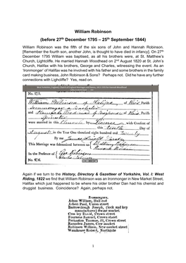 William Robinson (Before 27Th December 1795 – 25Th September 1844) William Robinson Was the Fifth of the Six Sons of John and Hannah Robinson