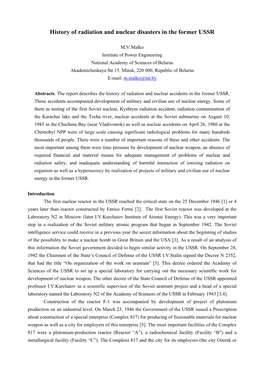 History of Radiation and Nuclear Disasters in the Former USSR