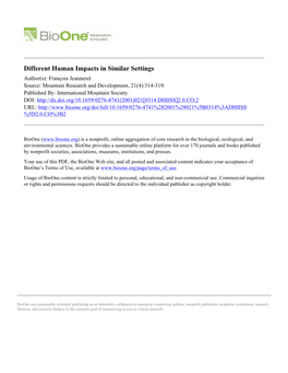 Different Human Impacts in Similar Settings Author(S): François Jeanneret Source: Mountain Research and Development, 21(4):314-319