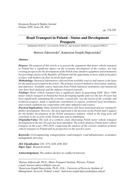 Road Transport in Poland - Status and Development Prospects Submitted 18/03/21, 1St Revision 10/04/21, 2Nd Revision 28/04/21, Accepted 10/06/21