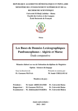 Les Bases De Données Lexicographiques Panfrancophones : Algérie Et Maroc Étude Comparative