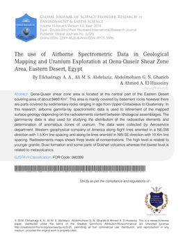 The Use of Airborne Spectrometric Data in Geological Mapping and Uranium Exploration at Qena-Quseir Shear Zone Area, Eastern Desert, Egypt by Elkhadragy A