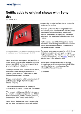 Netflix Adds to Original Shows with Sony Deal 15 October 2013