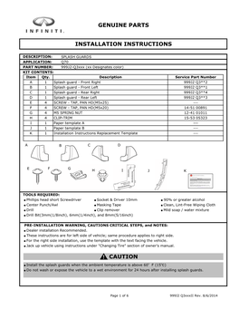 Genuine Parts Installation Instructions Caution