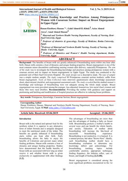 ABSTRACT Background: the Benefits of Breast Milk Are Greatly Enhanced If Breastfeeding Starts Within One Hour After Birth