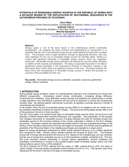 Potentials of Renewable Energy Sources in the Republic of Serbia