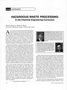 HAZARDOUS WASTE PROCESSING in the Chemical Engineering Curriculum