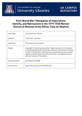 Post-World War I Navigation of Imperialism, Identity, and Nationalism in the 1919-1920 Memoir Entries of Ottoman Army Officer Taha Al-Hāshimī