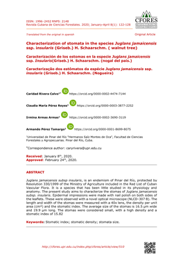 Characterization of Stomata in the Species Juglans Jamaicensis Ssp. Insularis (Griseb.) H