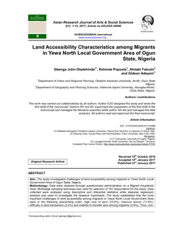 Land Accessibility Characteristics Among Migrants in Yewa North Local Government Area of Ogun State, Nigeria