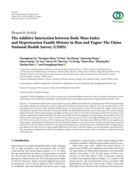 Research Article the Additive Interaction Between Body Mass Index and Hypertension Family History in Han and Yugur: the China National Health Survey (CNHS)