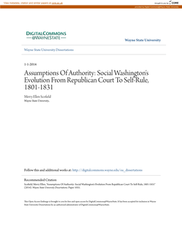 Social Washington's Evolution from Republican Court to Self-Rule, 1801-1831 Merry Ellen Scofield Wayne State University