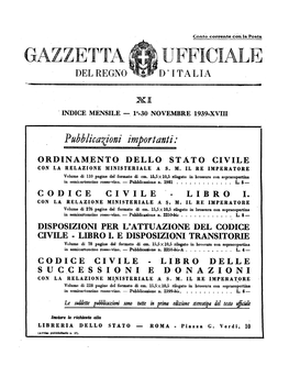 Gazzetta Ufficiale Del Regno D'italia ANNO 1939 Indice Per Materia