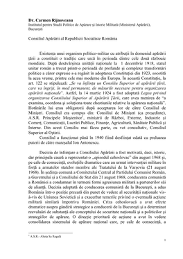 Dr. Carmen Rijnoveanu Consiliul Apărării Al Republicii Socialiste România Existenţa Unui Organism Politico-Militar Cu Atribu