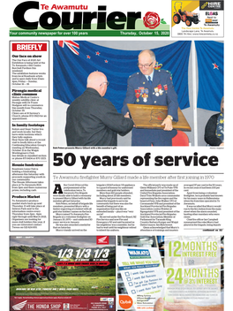 Te Awamutu Courier Thursday, October 15, 2020 Firefighter’S 50 Years Marked