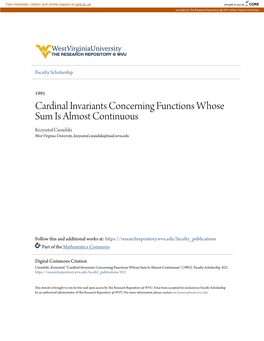 Cardinal Invariants Concerning Functions Whose Sum Is Almost Continuous Krzysztof Ciesielski West Virginia University, Krzysztof.Ciesielski@Mail.Wvu.Edu